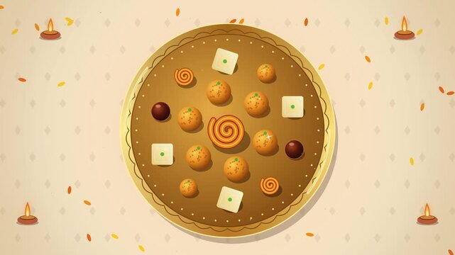 Diwali sweets on golden thali with laddoo and jalebi seamless loop