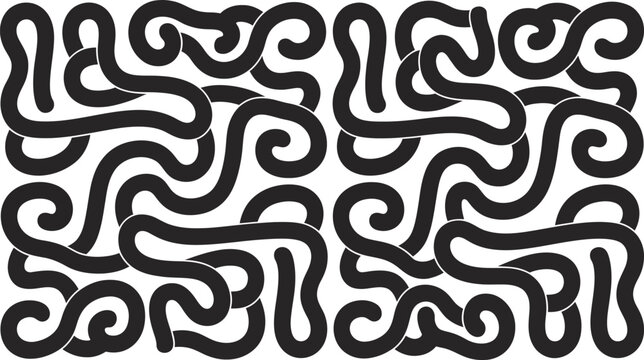 Abstract black and white pattern with repeating curly line segments and knot shapes