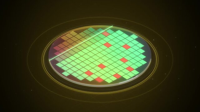 Isometric wafer inspection scan marking defective dies on dark amber