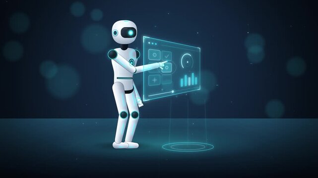 Humanoid robot touching holographic cyan interface on dark blue