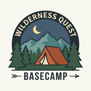 A picturesque wilderness basecamp featuring a tent surrounded by majestic mountains, tall trees, and a calm night sky with a crescent moon, evoking adventure and tranquility.