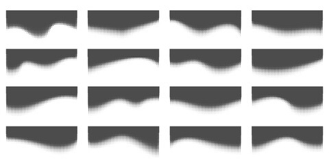 Naklejka na ściany i meble Wavy vector shapes for banner design. Abstract curved dividers and borders set on white background with dotted halftone effect. Page header and separator for web templates and headlines.