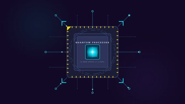 Futuristic quantum processor glowing with digital data circuits and cybernetic grid animation