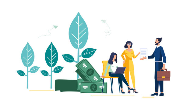 Financial presentation design. Businessman and secretary discuss financial income. Girl at laptop analyzes business income, dollar, cash. People, nature ecology, green trees. Vector illustration