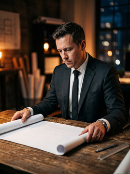 male architect in suit unrolling blueprint studiously at desk in evening office