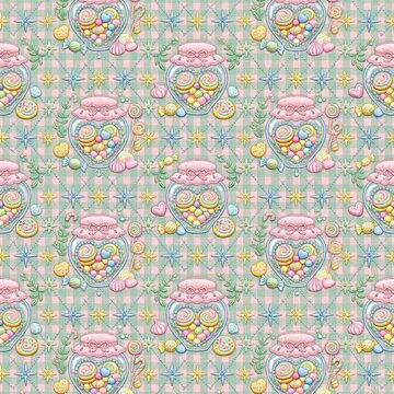 Cute candy jar faux embroidery seamless pattern with heart apothecary lollipop and gingham background