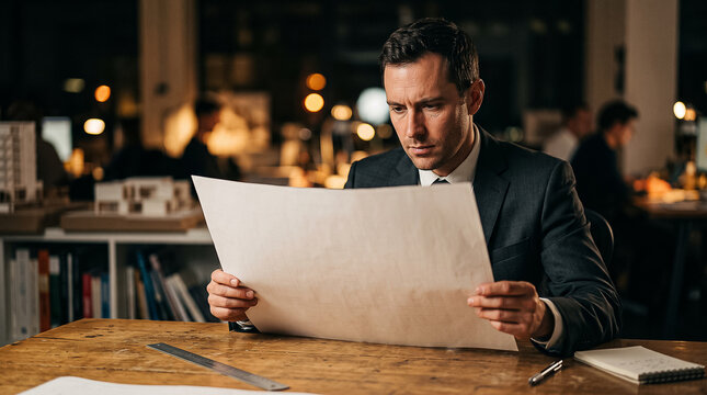 engineer in suit holding and carefully studying construction blueprint in office at night