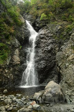 picturesque copper mine falls in a forest  off route 450 in york harbour in summer in western newfoundland, canada