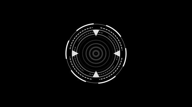 Futuristic HUD circle interfaces digital display screen with radio wave looped button animation and alpha channel. Animated of UHD circle and four triangle HUD futuristic elements with radio wave.