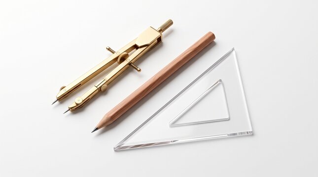 Professional Technical Drawing Tools Including A Brass Compass A Wooden Pencil And A Clear Plastic Triangle Ruler