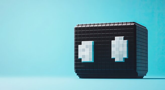 Pixelated black cube face with white eyes