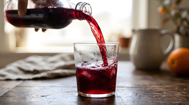 Pomegranate juice pouring from a glass bottle into a tumbler on a rustic wooden table perfect for national pomegranate month