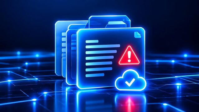 Glowing digital folders showing red alert warning sign with verified cloud storage security icon