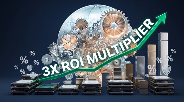 Financial Studio Scene With Glass Gear Mechanism, Data Storage Drives, And Glowing 3D Graph Displaying 3X ROI