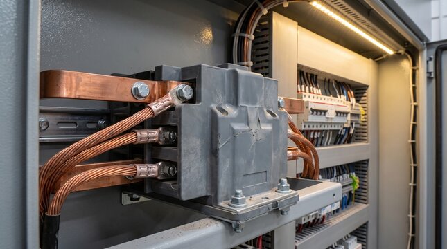 Heavy-Duty Electrical Contactor and Copper Busbars Inside Industrial Control Panel Switchgear