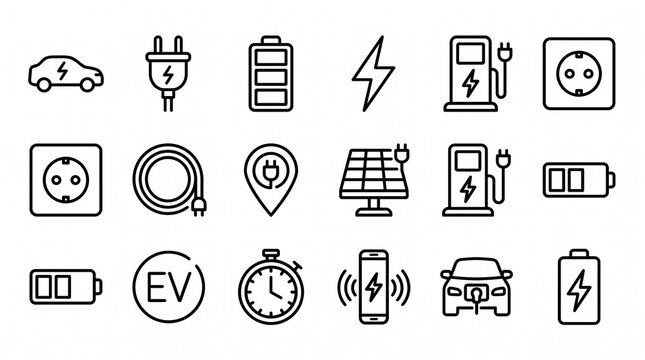 EV charging outline icons collection, electric car, charger, battery level and lightning symbols, simple linear vector set