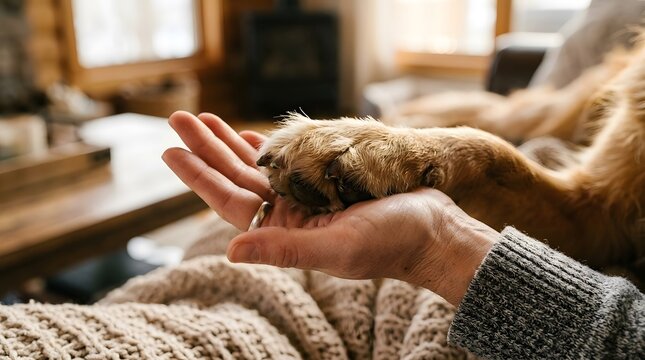 Pet diabetes month concept with senior person holding golden retriever dog paw at home perfect for pet diabetes month
