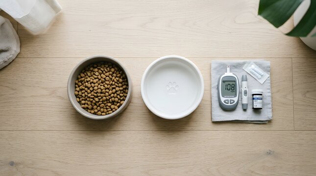 Pet diabetes month medical supplies with dog food bowl and glucose monitor on wooden floor perfect for pet diabetes month