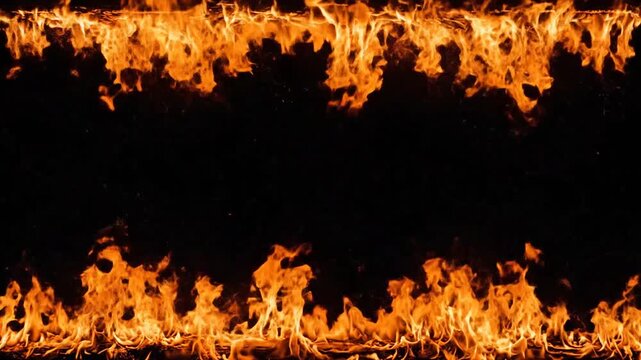 Bright orange flames burning along top and bottom borders against dark background
