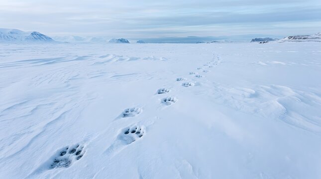 Polar bear tracks in the arctic snow during international polar bear week with copy space perfect for polar bear week