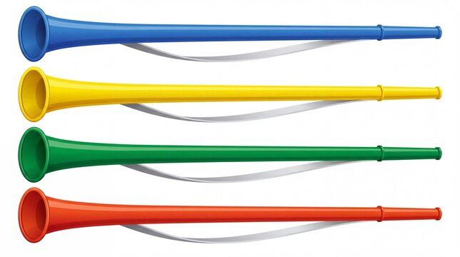 Vibrant colorful vuvuzela horns displayed horizontally in blue yellow green and orange on white background