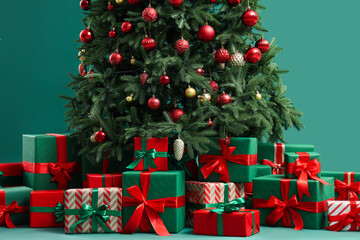 Fototapeta premium Christmas tree with many gifts on green background