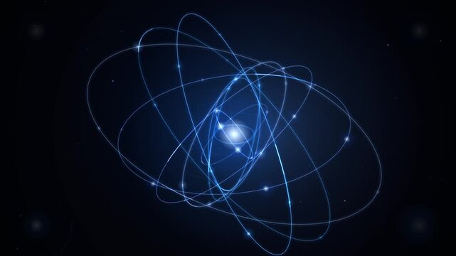 Blue glowing atom model science animation background