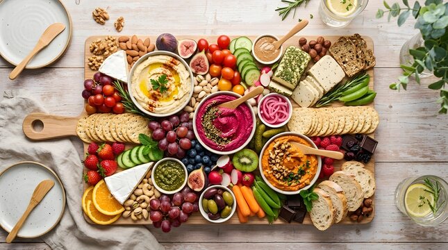 World vegan day charcuterie board with hummus dips and fresh vegetables on a wooden serving platter perfect for world vegan day