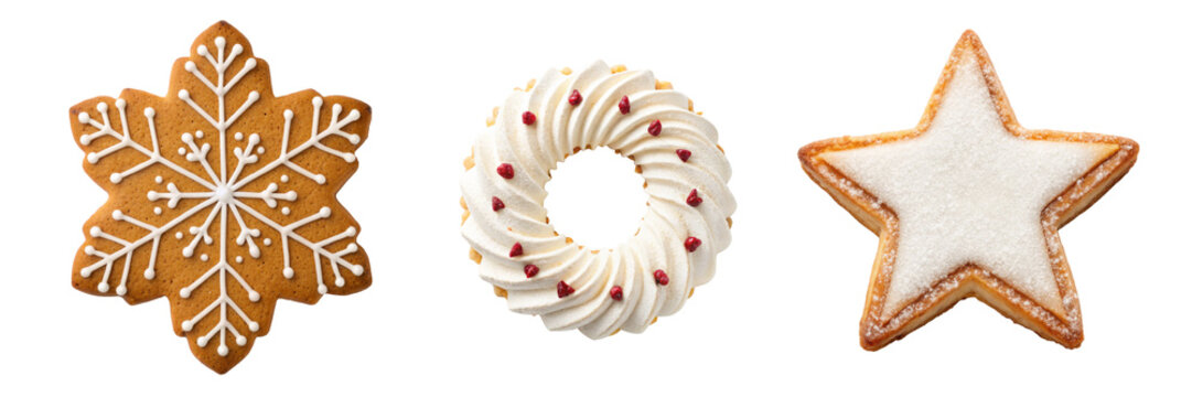 Gingerbread snowflake star and meringue wreath cookie set for Christmas bakery branding packaging and cards