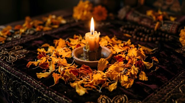 All souls day candle burning on a dark altar decorated with orange marigold flower petals perfect for all souls day