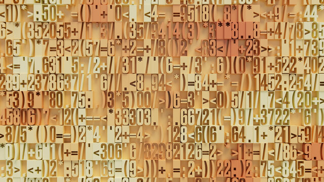 Textured Close-Up of Randomly Arranged Numbers and Symbols on a Warm Yellow and Orange Gradient Background, Ideal for Creative Digital Design, Educational Materials, and Graphic Projects