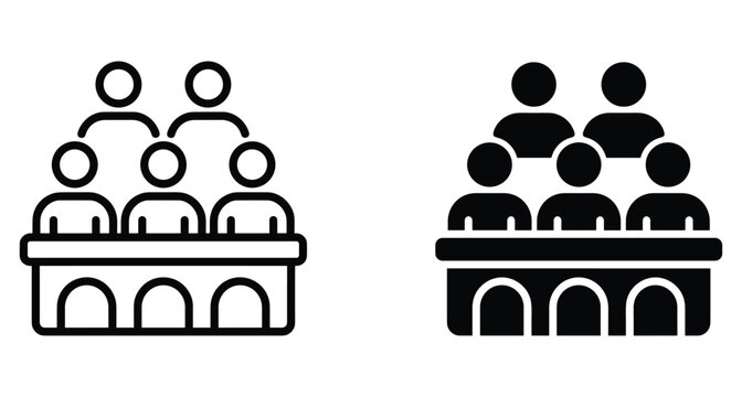Jury panel icon set showing five people sitting behind a courtroom bench in outline and solid black glyph styles