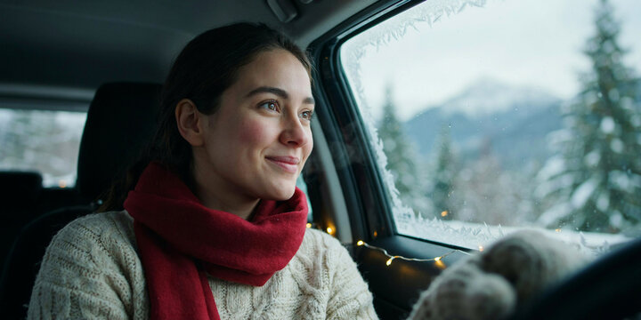 A smiling woman in a car wearing a red scarf and a knitted sweater, looking out the window at a snowy landscape. She has a festive garland of lights around her