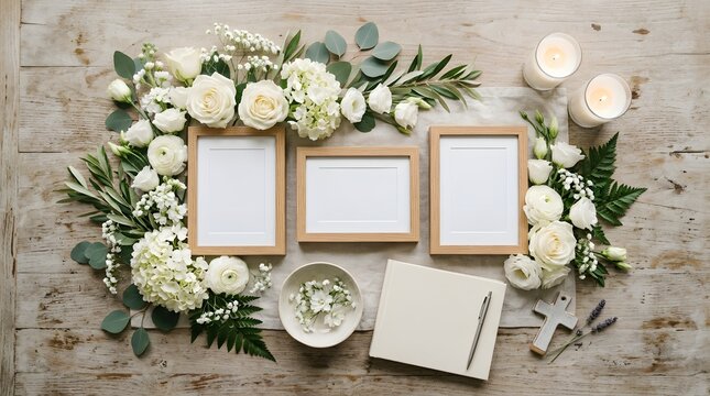 All souls day memorial frames with white flowers and candles on a rustic wooden table background perfect for all souls day