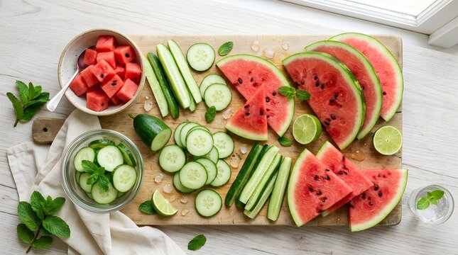Bladder health month fresh watermelon and cucumber slices on a wooden board with mint leaves perfect for bladder health month