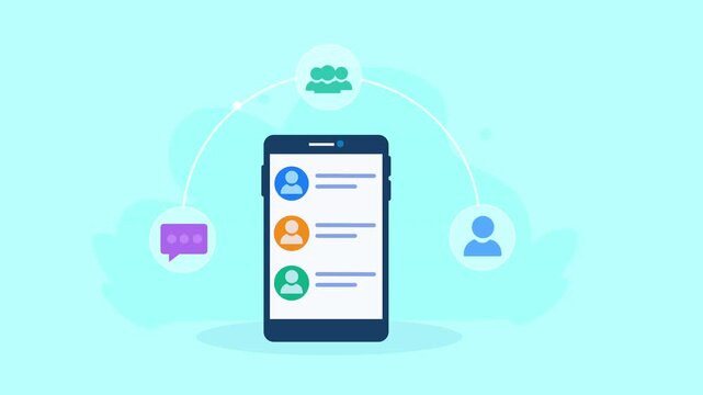 Flat vector animation showing a smartphone contact list connected to user, team, and messaging icons for mobile communication and contact management.
