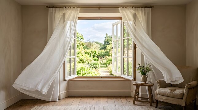 Open window with blowing curtains showing a lush garden view for copd awareness and fresh air perfect for copd awareness month
