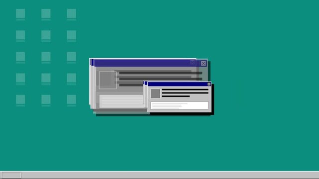 Retro computer windows cascading on teal background grid pattern