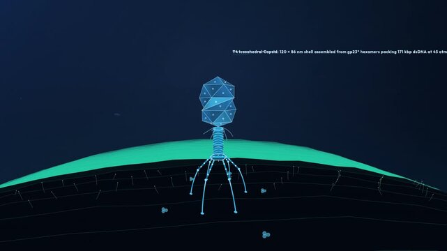 3D animation of a T4 bacteriophage virus attacking a bacterial host cell landing with tail fibers contracting its sheath and injecting viral DNA genetic material
