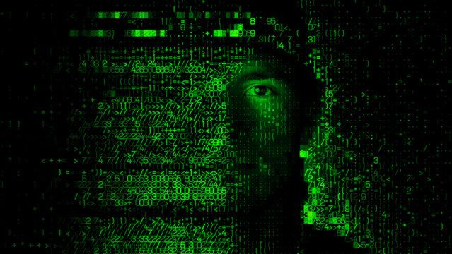 Digital Face made of Computer Code, illustrating Deepfake Concept.