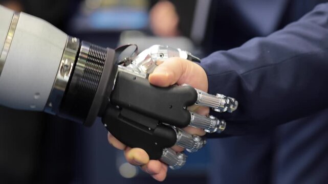 Close up of robot and human hand in handshake gesture demonstrating teamwork and connection in future.