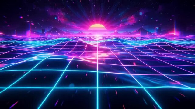 Neon waves synthwave grid retro loop