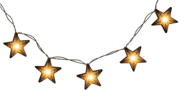 Glowing star-shaped string lights with textured surface, isolated on transparent background