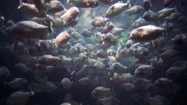 School of piranha fish swimming in dark murky water schooling together feeding frenzy underwater dynamic motion.