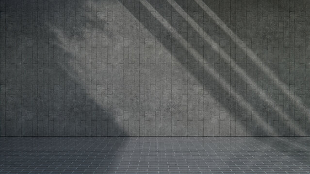 Bare Alfresco Space Forecourt with Grey Concrete Block Wall and Tiled Floor in Strong Daylight. Mockup Concept with copy-space.