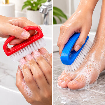 Person scrubbing hands and feet with colorful plastic brushes in