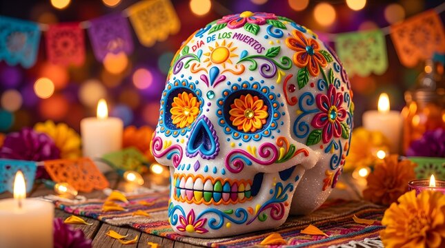 Dia de los muertos sugar skull with colorful floral patterns and candles on a wooden table perfect for day of the dead