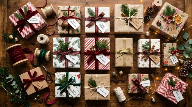 Christmas gift boxes with festive ribbons and pine branches on a rustic wooden table background perfect for deck the everything day
