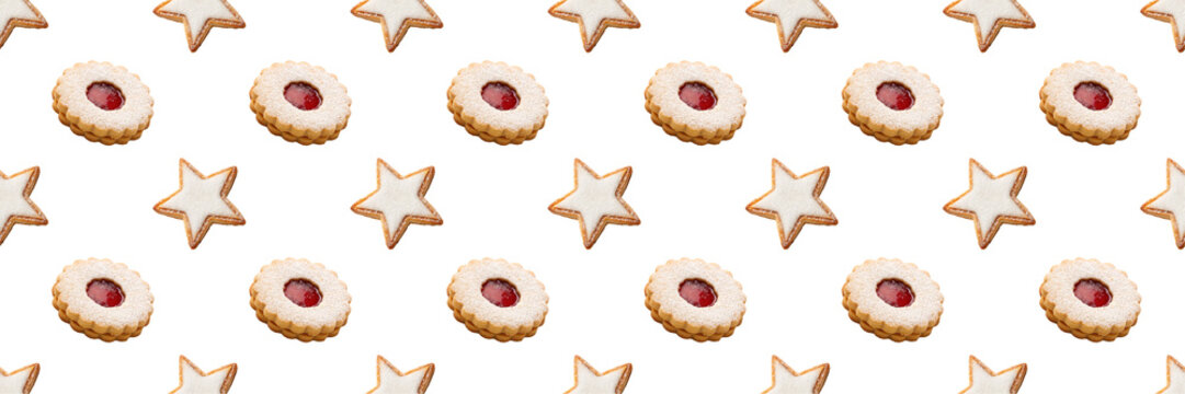 Christmas Linzer cookie and star seamless pattern for festive packaging stationery and wrapping design
