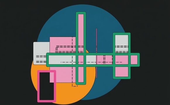 Modern abstract constructivist graphic artwork with geometric shapes and overlapping lines for editorial layouts, art posters, and album cover designs